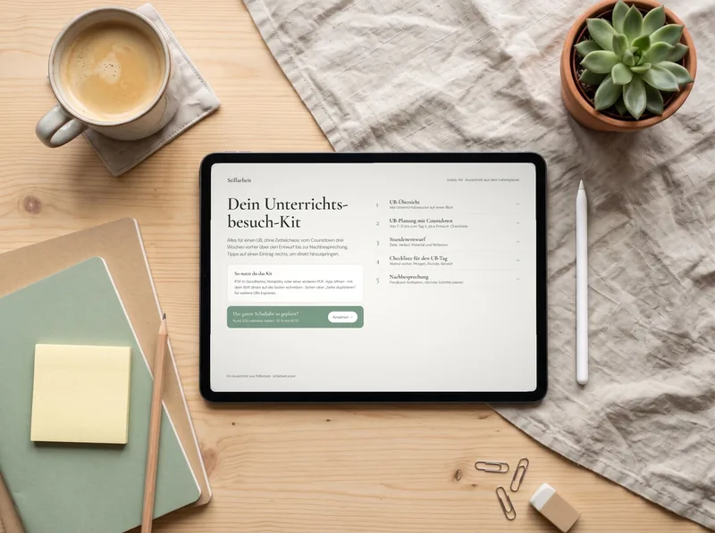 Unterrichtsbesuch-Seiten auf dem Tablet, daneben Kaffee und Notizbuch