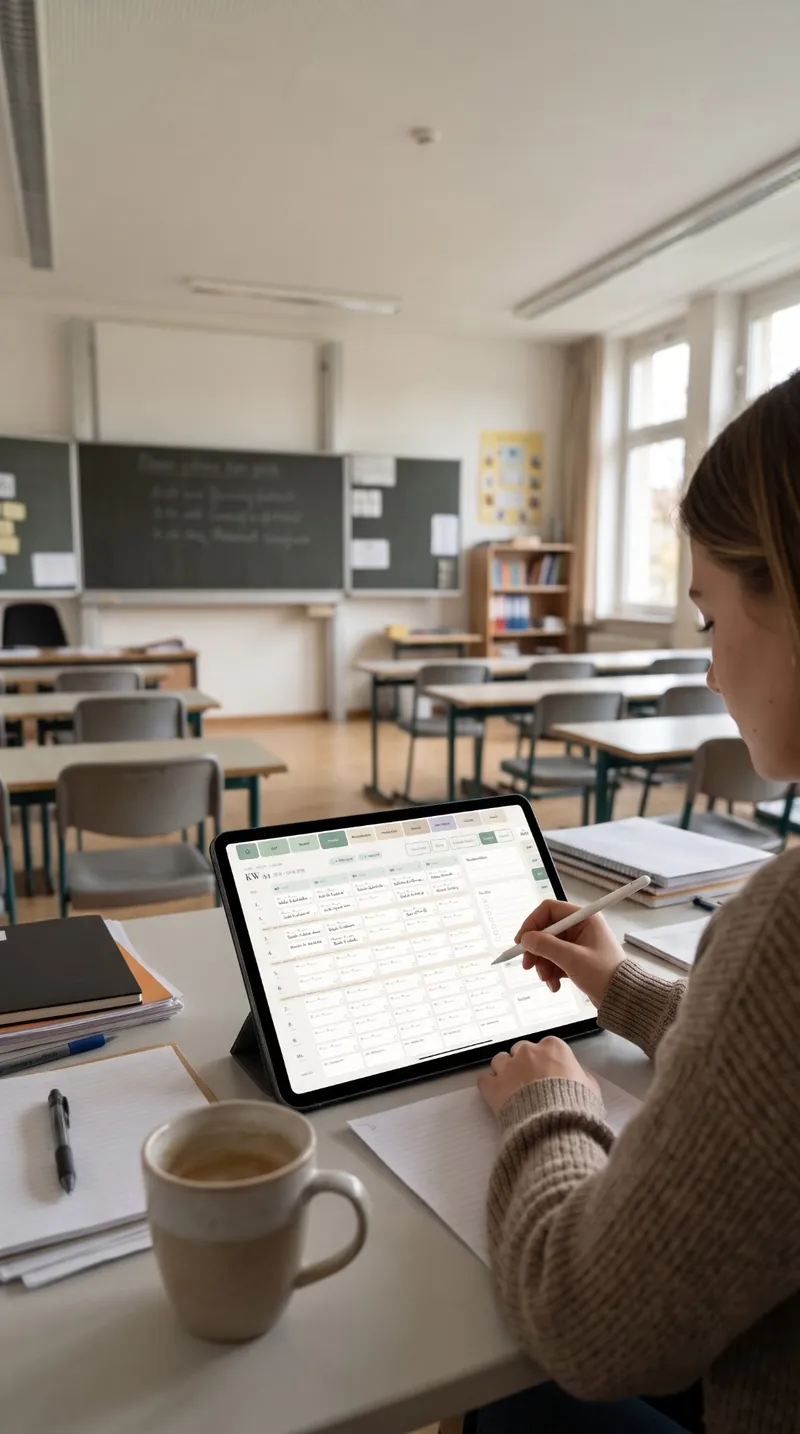 Lehrerin plant im leeren Klassenzimmer mit Stift auf dem Tablet