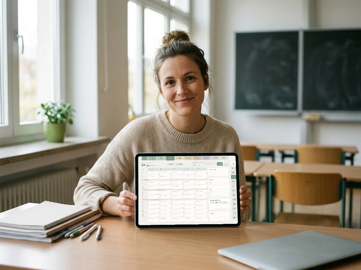Lehrerin zeigt die Wochenplanung des Planers auf dem Tablet